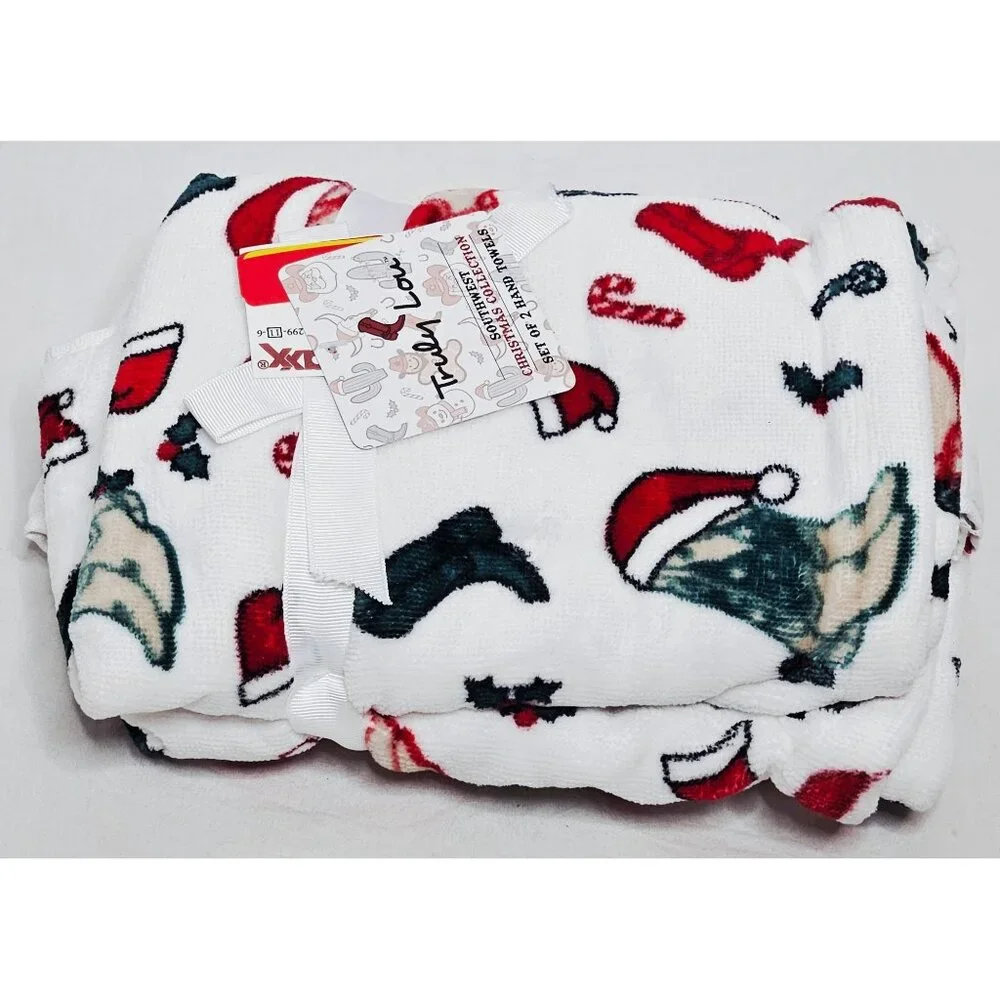 Truly Lou Santa Hat Cowboy Boots Southwest Christmas Hand Towels Set of 2 NEW